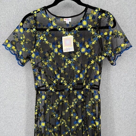 LuLaRoe Deanne II Sheer Embroidered Maxi Dress Size XL Black Blue Floral NEW - Picture 2 of 11